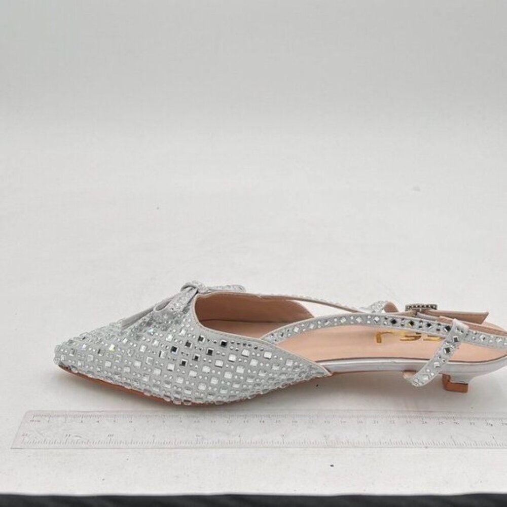 FSJ Silver Women Kitten Low Heel Pumps Closed Pointed Toe Rhinestone Slingback